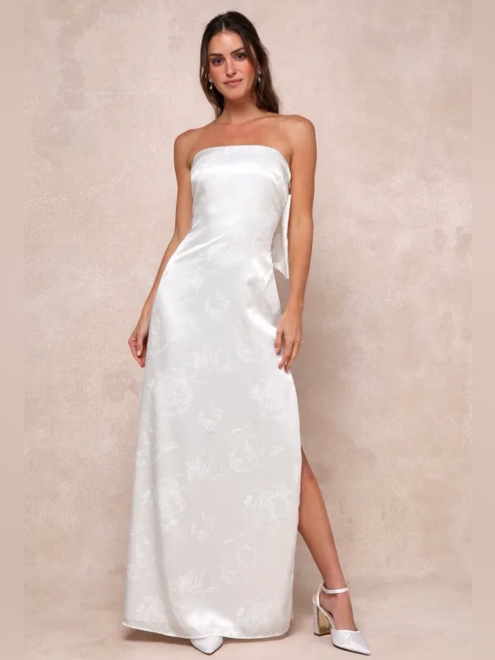 NWT lulus Strapless White Satin Floral Jacquard Back Bow Wedding Dress large